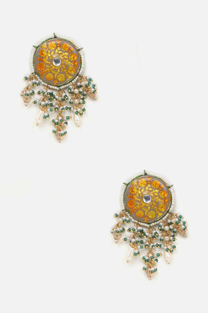 Grey And Yellow Drop Earring With Kundan And Pearls