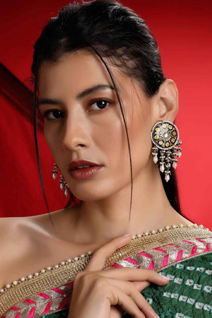 Blue And Yellow Drop Earring With Kundan And Pearls