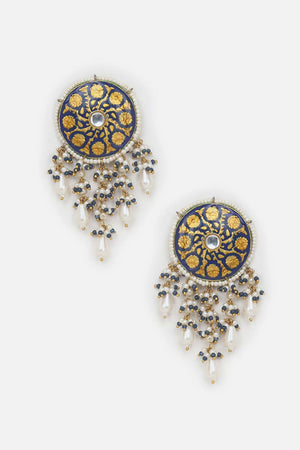 Blue And Yellow Drop Earring With Kundan And Pearls