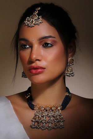 Blue And Cream Jhumkas Earring With Kundan And American Diamonds