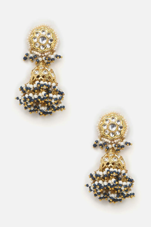 Blue And Cream Jhumkas Earring With Kundan And American Diamonds