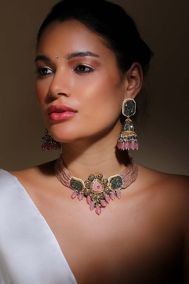 Pink And Black Jhumkas Earring With Kundan And American Diamonds