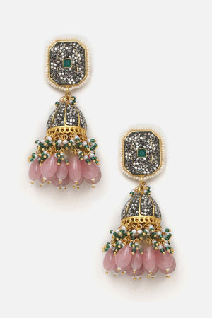 Pink And Black Jhumkas Earring With Kundan And American Diamonds