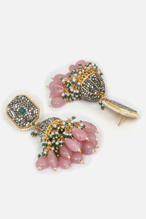 Pink And Black Jhumkas Earring With Kundan And American Diamonds