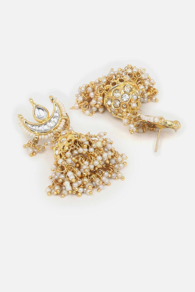 Cream And Gold Jhumkas Earring With Kundan And American Diamonds