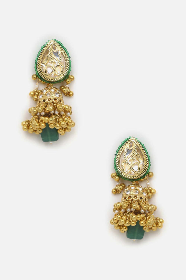 Green And Cream Jhumkas Earring With Kundan And American Diamonds