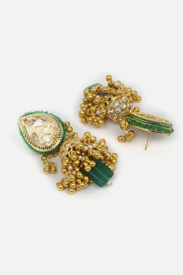 Green And Cream Jhumkas Earring With Kundan And American Diamonds