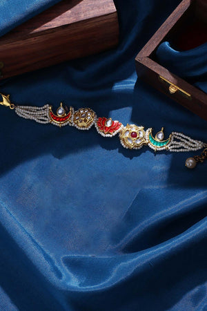 Red And Pink Adjustable Bracelet With Kundan And Pearls