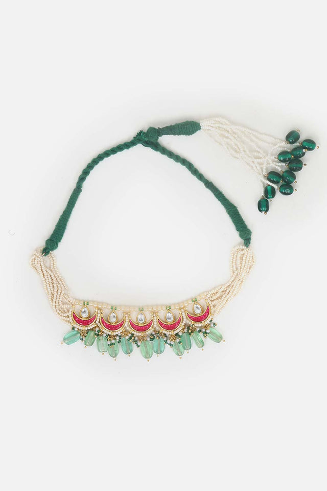 Red And Green Adjustable Bajuband With Kundan And Pearls