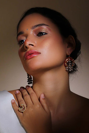 Red Gold And Cream Adjustable Ring With Kundan And Pearls