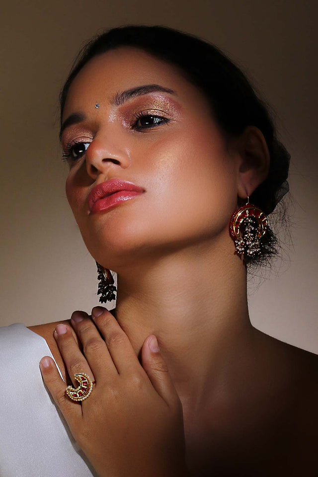 Red Gold And Cream Adjustable Ring With Kundan And Pearls