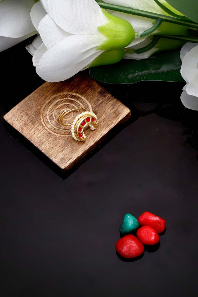 Red Gold And Cream Adjustable Ring With Kundan And Pearls