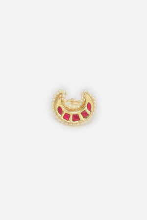 Red Gold And Cream Adjustable Ring With Kundan And Pearls