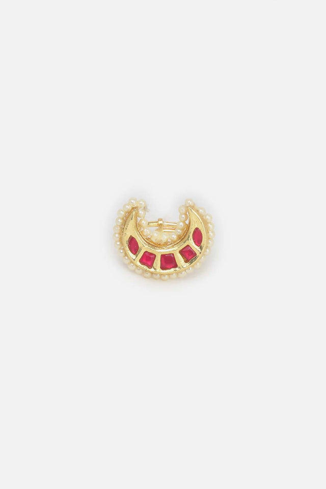Red Gold And Cream Adjustable Ring With Kundan And Pearls
