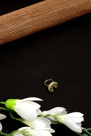 Green Gold And Cream Adjustable Ring With Kundan And Pearls