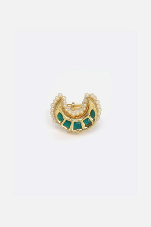 Green Gold And Cream Adjustable Ring With Kundan And Pearls