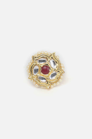 Red And Cream Adjustable Ring With Kundan And Pearls (DGH1R124012)