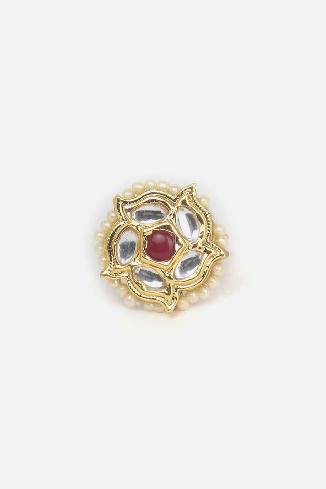 Red And Cream Adjustable Ring With Kundan And Pearls (DGH1R124012)