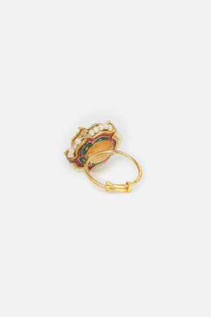 Red And Cream Adjustable Ring With Kundan And Pearls (DGH1R124012)