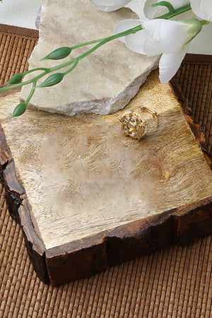 Cream And Gold Adjustable Ring With Kundan And Pearls