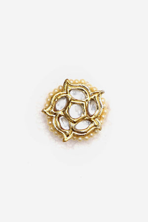 Cream And Gold Adjustable Ring With Kundan And Pearls