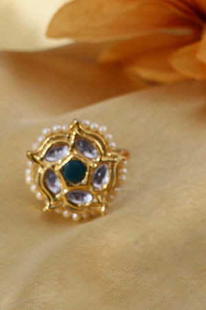 Green And Cream Adjustable Ring With Kundan And Pearls