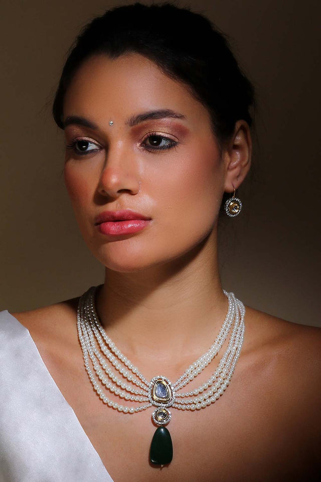 Green And Cream Haar Necklace Kundan And American Diamonds