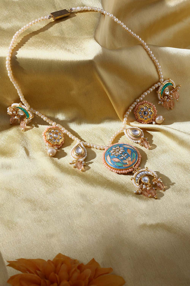 Blue And Orange Haar Necklace Kundan And American Diamonds