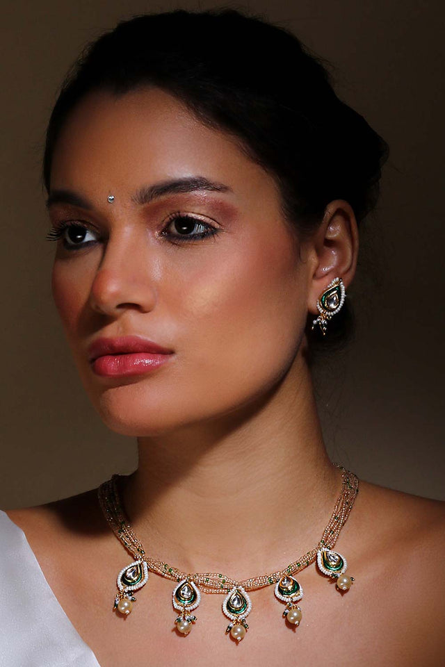 Green, Peach And Gold Necklace With Earring Jeweler Set Kundan And Pearls