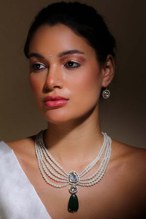 Green And Cream Necklace With Earring Jeweler Set Kundan And American Diamonds