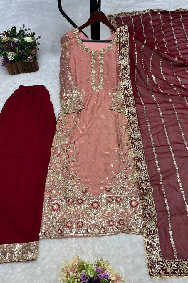 Peach Sequin with Embroidered Silk Pakistani Suits