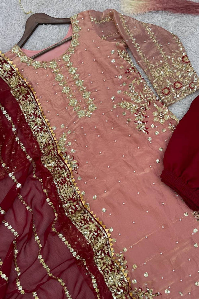 Peach Sequin with Embroidered Silk Pakistani Suits