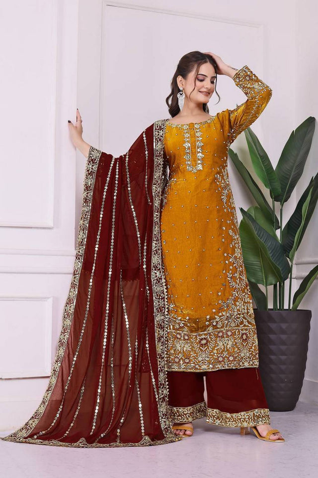 Yellow Sequin with Embroidered Silk Pakistani Suits