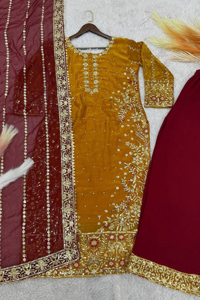 Yellow Sequin with Embroidered Silk Pakistani Suits