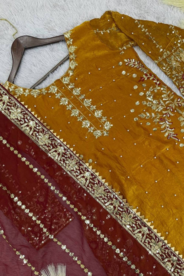 Yellow Sequin with Embroidered Silk Pakistani Suits