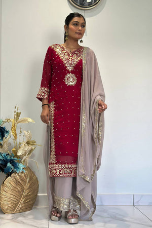 Maroon Sequin with Embroidered Georgette Straight Cut Suits