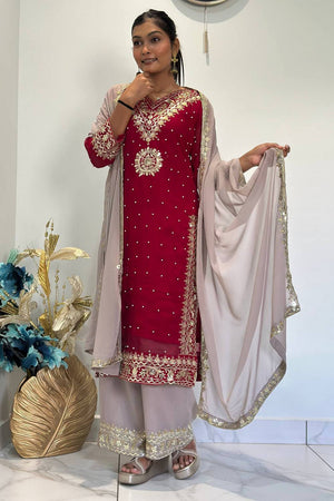 Maroon Sequin with Embroidered Georgette Straight Cut Suits