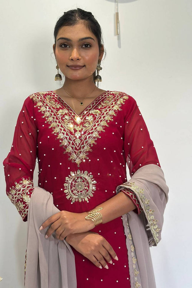 Maroon Sequin with Embroidered Georgette Straight Cut Suits