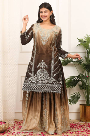 Brown Sequin with Embroidered Silk Sharara Suits