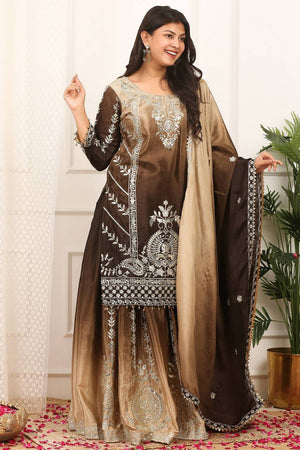 Brown Sequin with Embroidered Silk Sharara Suits