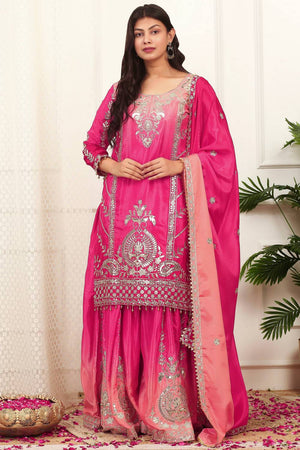 Pink Sequin with Embroidered Silk Sharara Suits
