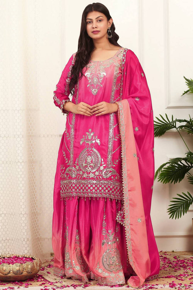 Pink Sequin with Embroidered Silk Sharara Suits