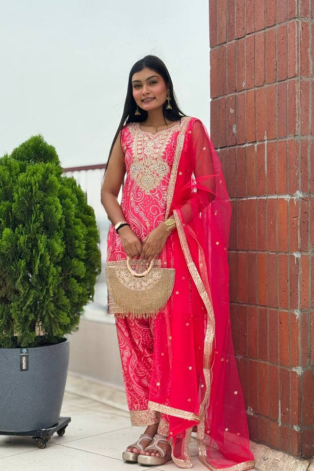 Pink Sequin with Embroidered Silk Kurti Pant Set