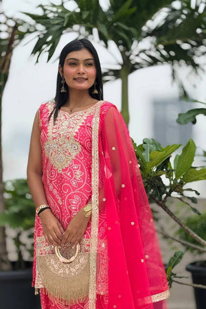 Pink Sequin with Embroidered Silk Kurti Pant Set