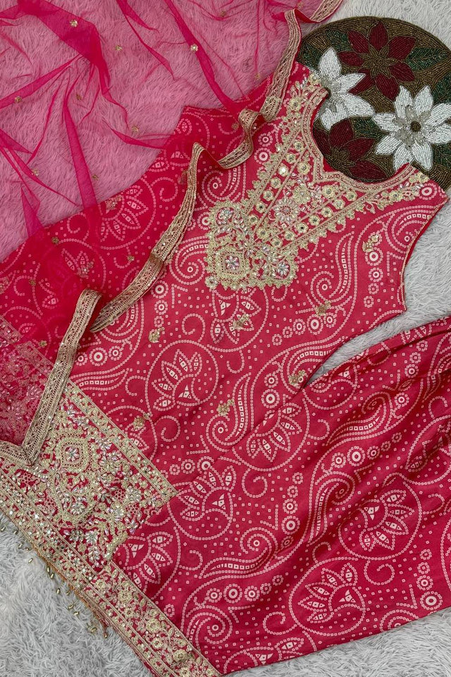 Pink Sequin with Embroidered Silk Kurti Pant Set