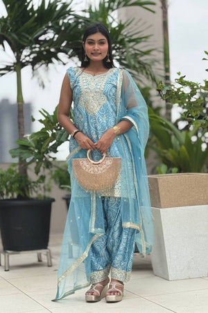 Blue Sequin with Embroidered Silk Kurti Pant Set