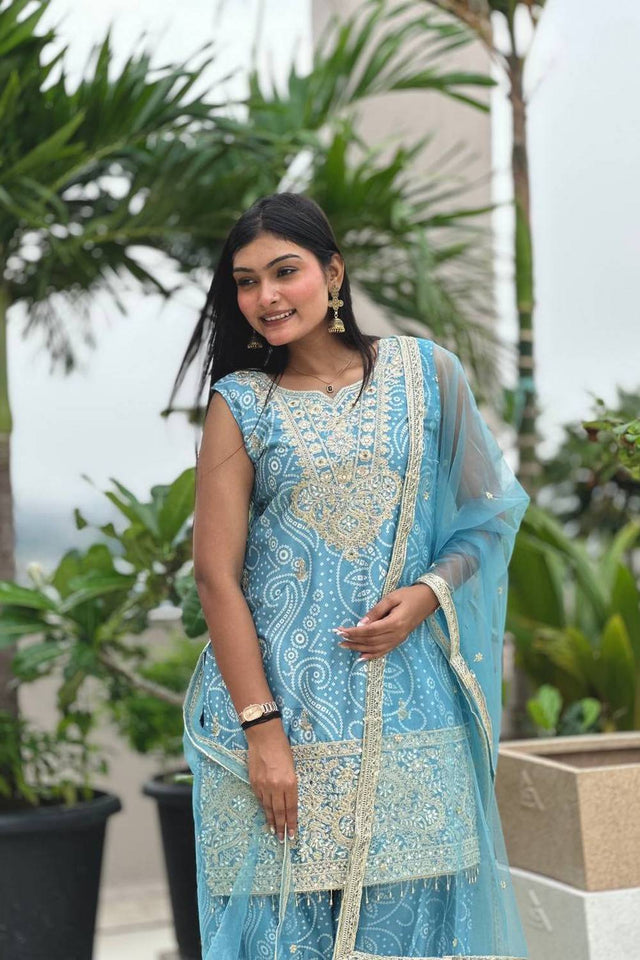 Blue Sequin with Embroidered Silk Kurti Pant Set