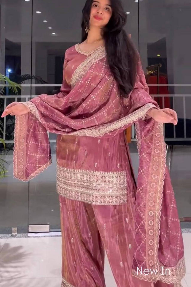 Peach Sequin with Embroidered Silk Sharara Suits