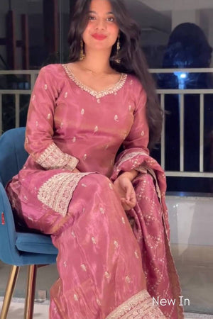 Peach Sequin with Embroidered Silk Sharara Suits