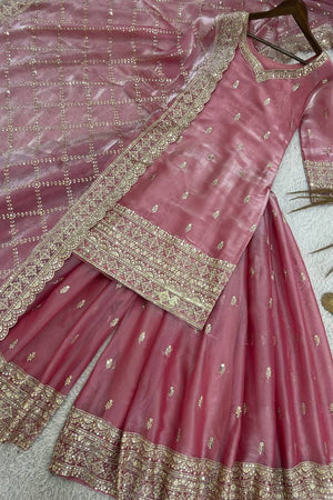 Peach Sequin with Embroidered Silk Sharara Suits